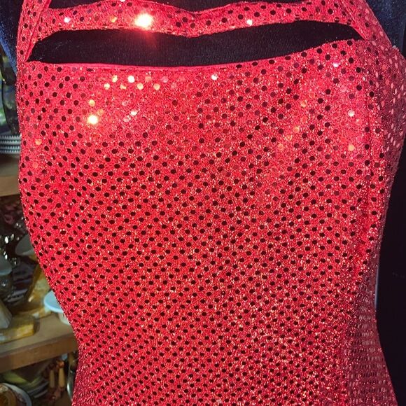 Sexy Retro Vintage 90s Red Sequin Floor Length Formal Gown Halter Neck Leg Slit - Picture 5 of 16